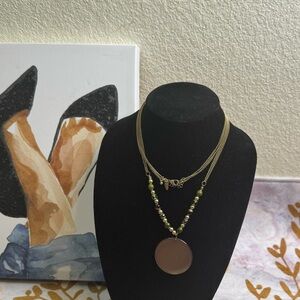 Avenue Long Gold Tone Green  and Brown Beaded Necklace